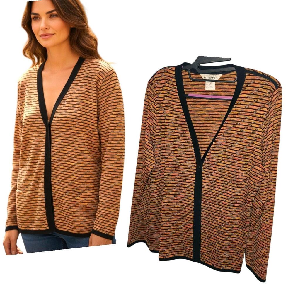 Exclusively Misook Sz M Petite One Button Closure Orange Brown Knit Sweater Blaz